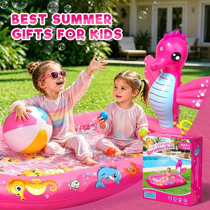 Splash Pad for Toddlers, 3-in-1 Seahorse Inflatable Baby Pool Sprinkler for Kids, Baby Splash Pads Outdoor Play Mat, Backyard Summer Water Toys Birthday Gift for 1+ Year Old Girls Kids