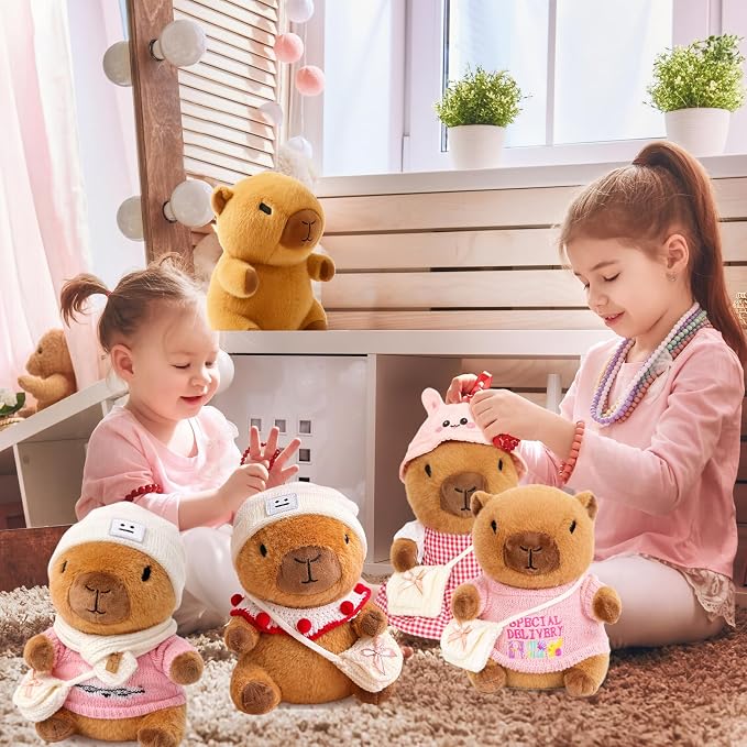 10.2" Brown Capybara Plush Toy with 9 Clothes and Accessories Super Soft Capybara Stuffed Animal for Kids Girls Boys (Pink Capybara)