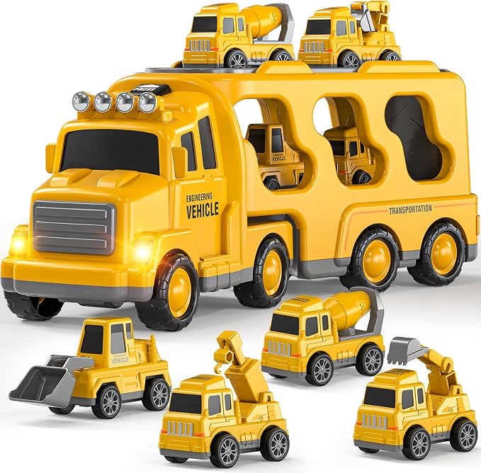 Construction Truck Toys Set for Kids Aged 1 2 3 4 5 6 7 8, Truck Playset with Toy Car, Light and Sound, Movable Parts Construction Toys for Toddlers, Birthday Gifts for Boys Girls 2-4 4-7