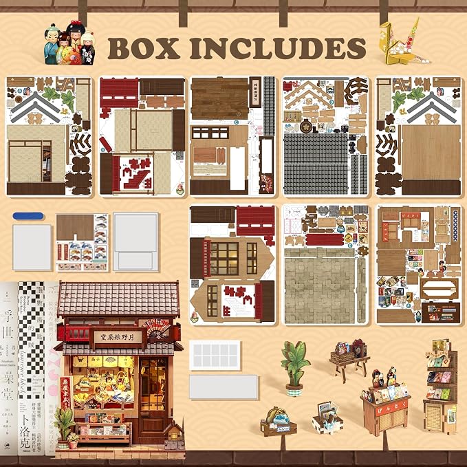 Cutefun Book Nook Kits for Adults, DIY Miniature Dollhouse Booknook Kit, Japanese Mini House Building Kit with LED, 3D Wooden Puzzle Bookshelf Insert Decor Creative Gifts for Teens (Folding Fan Shop)