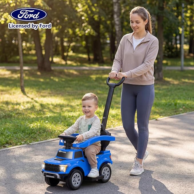 Costzon Ride On Push Car for Toddlers, 3-in-1 Ford Licensed Sliding Car w/Handle, Guardrail, Horn, Engine Sound, LED Lights, Under Seat Storage, Foot-to-Floor Kids Ride On Toys for Boys Girls (Blue)