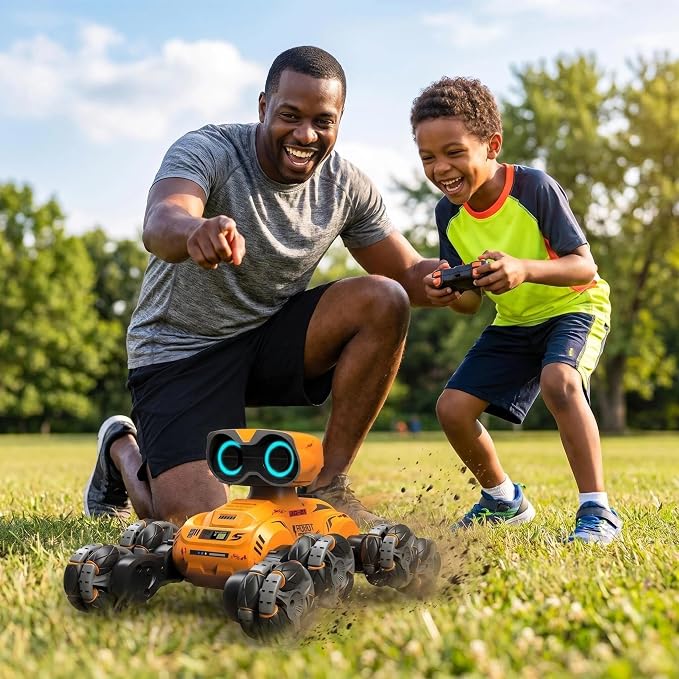 Robot Toys for Kids, 8 Wheels RC Stunt Car with LED Eyes, Lights & Music, Flexible Head, 360° Rotation, All-Terrain Remote Control Robot Car with Auto Demo, Gift for Boys Girls 3+ Years Old, Orange