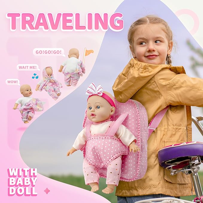 SMILESSKIDDO 12 Inch Soft Body Baby Doll for Toddlers with Take Along Dolls Backpack Carrier Accessories, Baby Doll Clothes and Babydoll Caring Set for Toddler Kids Girls