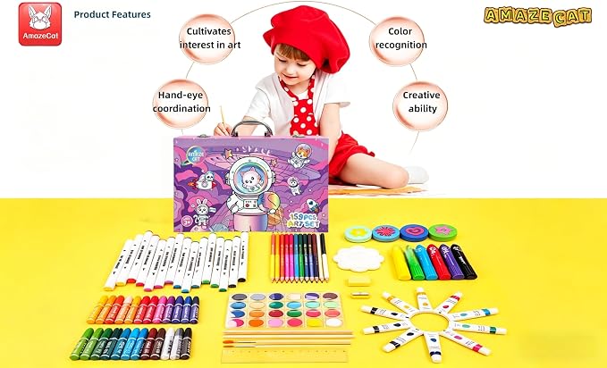 AmazeCat Art Supplies,159-Piece Deluxe Art Set,Drawing &Painting Kits for Kids,Gift Box for Adults Artists Kids Teens Girls Boys 4-12 (Pink)