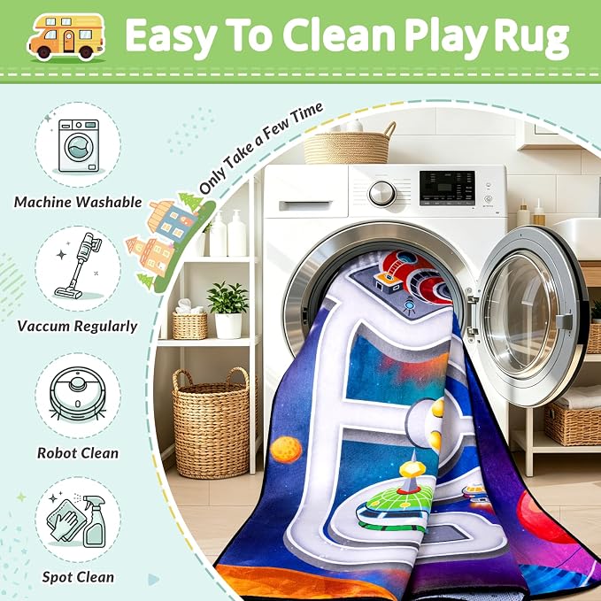 Kids Space Rug 3 x 5 Ft, Outer Space Road Play Mat with Planets & Rockets, Non-Slip Educational Carpet for Playroom