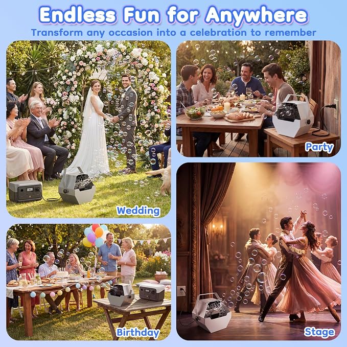 Theefun Bubble Machine: 750ML Metal Automatic Bubble Maker, Portable Professional Bubble Blower Operated by Plug-in Bubble Machine for Parties Weddings Indoor and Outdoor Use, Silver-Gray