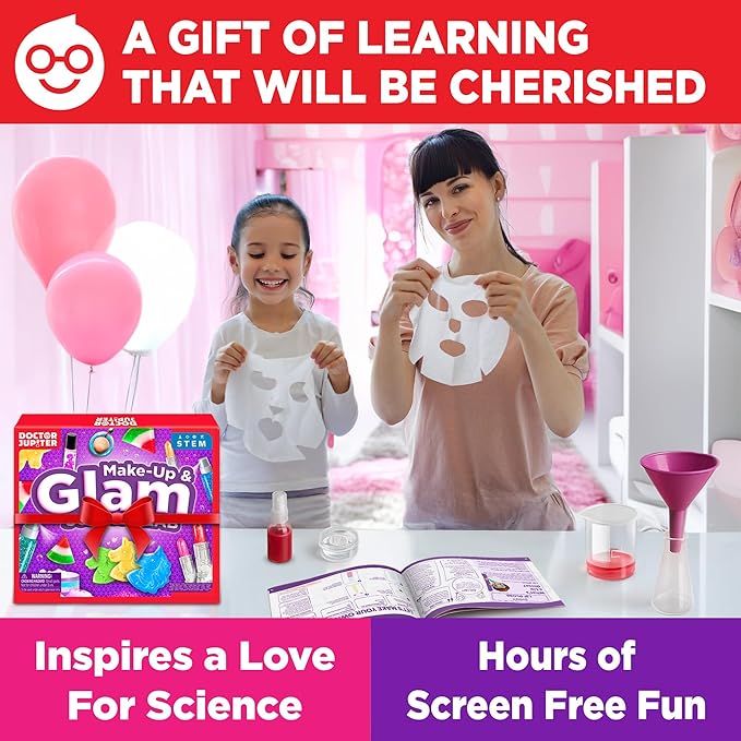 Doctor Jupiter Glam Science, DIY Makeup Craft Kit for Girls Ages 6+ | 50+ Beauty Recipes - Make Your Own Makeup, Perfume, Lip Gloss, Bath Bomb| Birthday Gift Ideas for 6-7-8-9-10-11-12 Year Olds