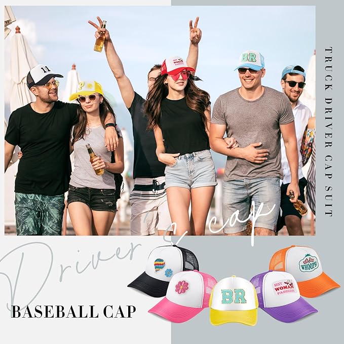 Hercicy 12 DIY Trucker Hats Kit, Sublimation Blank Baseball Caps with 120 pcs Embroidered Patches DIY Craft for Party(Cute, Multicolor)