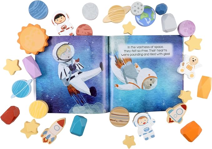 Toddler 30 Piece Stacking Wood Blocks Space Gift - Montessori 2 Year Old Fine Motor Skills Toy Learning Stacking Shape Sorter Sensory Preschool Busy Journey to the Moon (Book and Block Set, Wood)