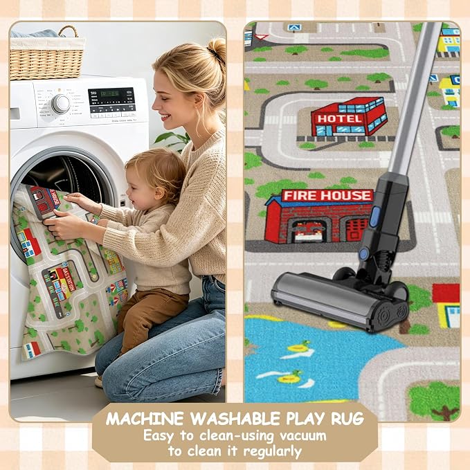 Capslpad Tan Car Road Kid Rug Carpet Playmat for Playoom Traffic Road Kids Play Mat for Toddler Non Slip Washable City Map Race Track Carpet Rug for Kids Room Playroom Classroom Decor,6.6'x9.8'