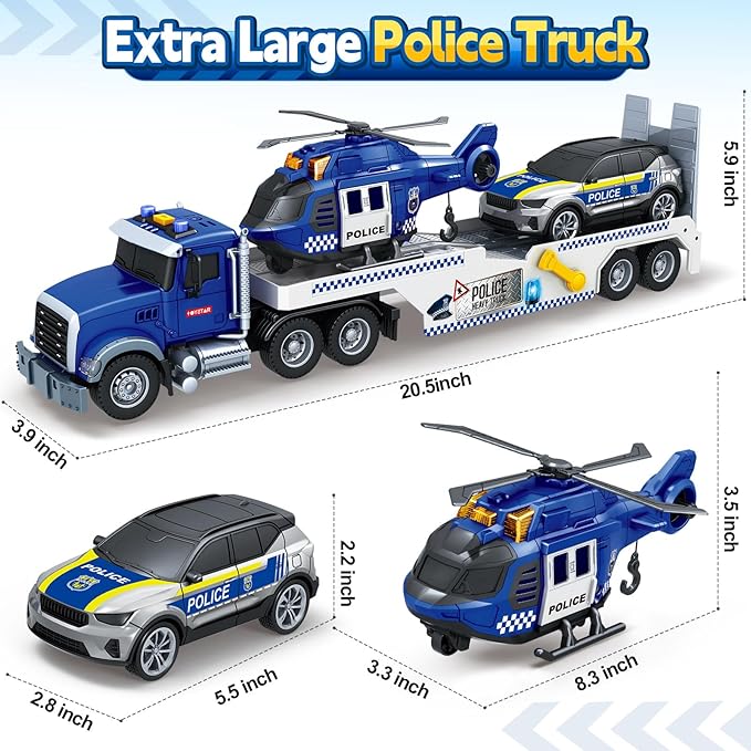 Kids Toys for 3 4 5 6 7 8 Years Old Boys, 20.5" Police Truck Toy with Racing Car and Helicopter, Toddler Friction Powered Truck Vehicle Toy with Lights, Sounds for Boys Girls Christmas Birthday Gifts