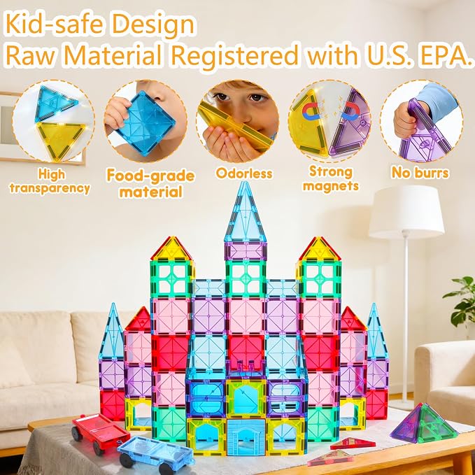 Upgraded Antibacterial Magnetic Tiles - 106 PCS Magnet Building Tiles with 2 Cars for Kids Aged 3+, Inhibits Bacterial Growth for Safer Play, 3D STEM Educational Construction Blocks Toy