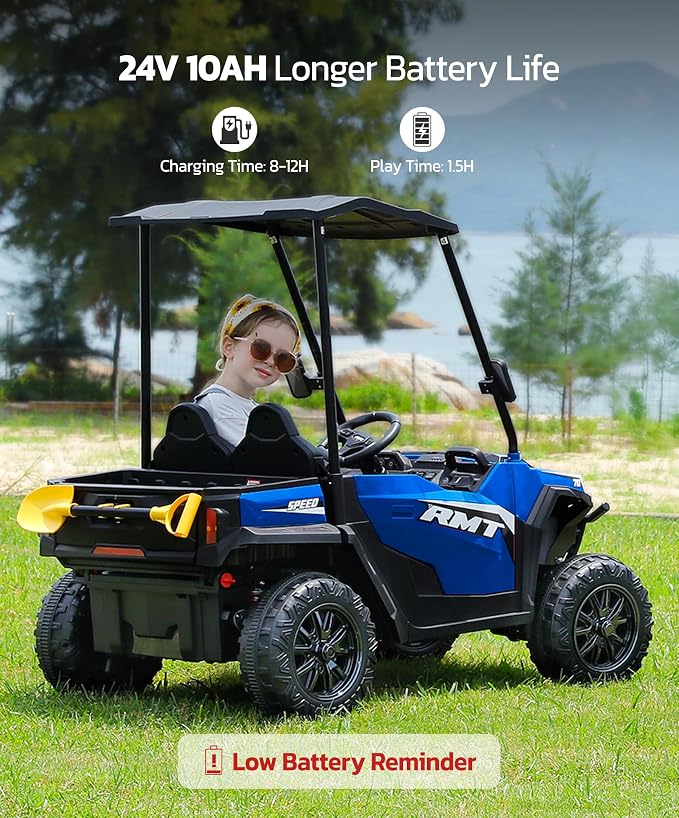ELEMARA 24V Ride on Toy for Big Kids,Ride on Car 2 Seater w/Sun Shade,Dump Bed & Shovel,4.5MPH,4WD Electric Car for Kids,Battery Car w/Remote,Kids Ride on Truck,3 Speeds,LED Lights,Bluetooth, Royal