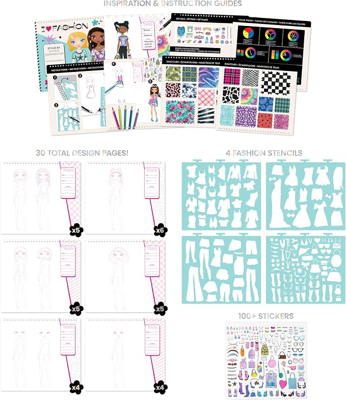 Fashion Angels Fashion Design Sketch Portfolio, Includes 40 Sketch Sheets, 4 Stencil Sheets & Stickers, Fashion Sketch Pad for Beginners & Kids Ages 6+
