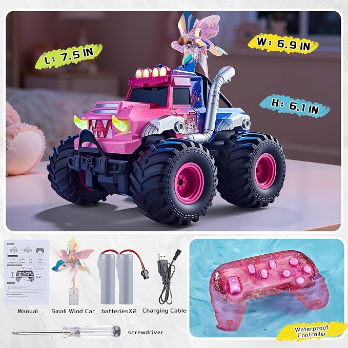Remote Control Car for Girls, Waterproof Pink Monster Truck Toys W/Blocks & 360°Spin, 1:18 Amphibious RC Cars, 4WD All-Terrain Off-Road RC Trucks, Birthday Gifts Pool Toys for Kids Age 3-12