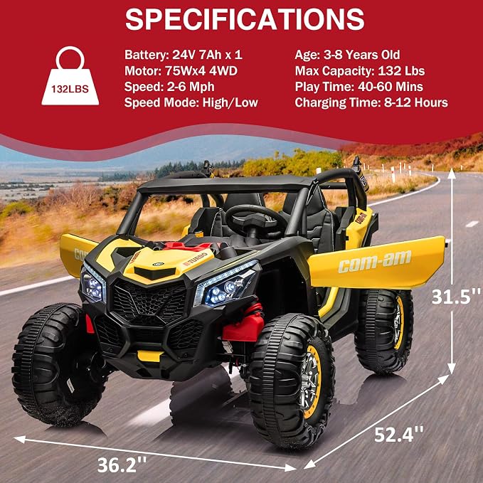 24V 2-Seater UTV Ride on Toy with Remote Control – Powerful 4WD Electric Vehicle Features 4 Shock Absorbers, Leather Seats, Music, and Lights. Designed As a 24V Ride-on Toy for Big Kids