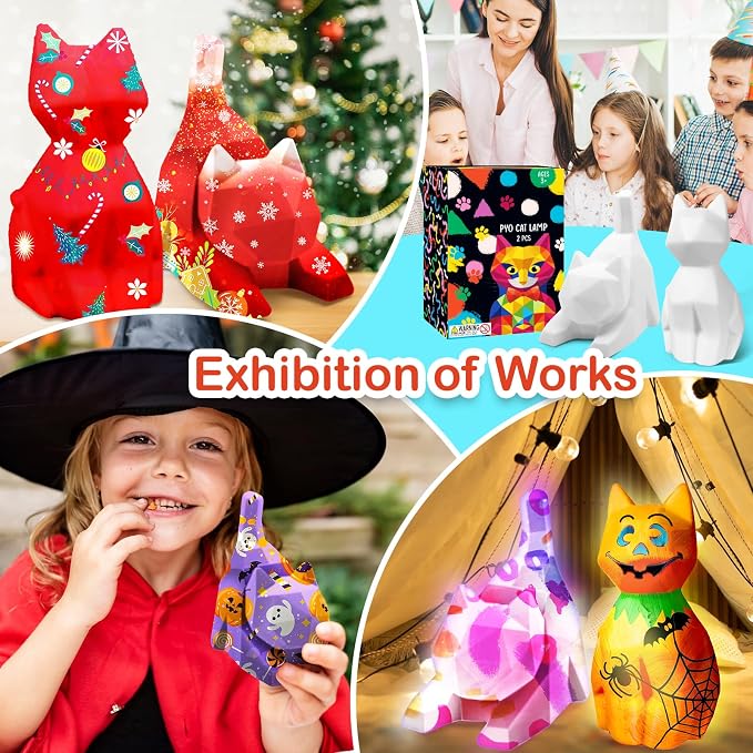 Goody King Paint Your Own Cat Lamp Art Kit, 2PCS DIY Night Light, Arts & Crafts for Kids Ages 8-12, Painting Kit for Girls Boys Age 4 5 6 7 8+, Art Supplies Cat Craft Birthday Gifts for Kids Ages 3+