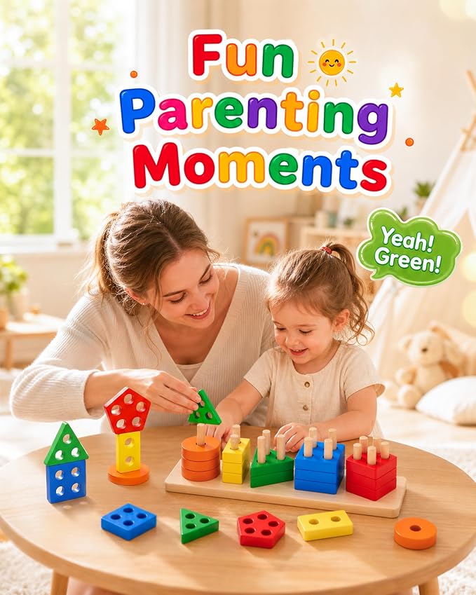 PEBIRA Montessori Toys for 1 to 3-Year-Old Boys Girls Toddlers, Wooden Sorting & Stacking Toys for Toddlers and Kids Preschool, Educational Color Recognition Shape Sorter, Learning Puzzles Gift