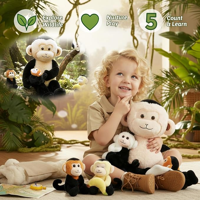 OUOZZZ Monkey Stuffed Animal 5 PCS, 19.3″ Huggable Mama and Babies Slap-Bracelet