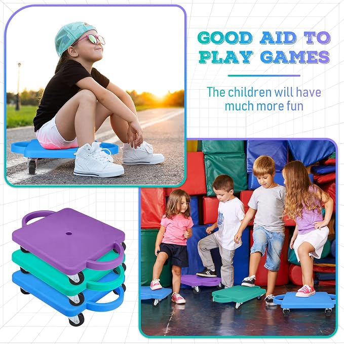 6 Pieces Sports Scooter Board Bulk Sitting Scooter Board with Handles Plastic Casters Sport Flat Scooter for Kids Children Gym Indoor Outdoor Activities Play Equipment(Bright Color)