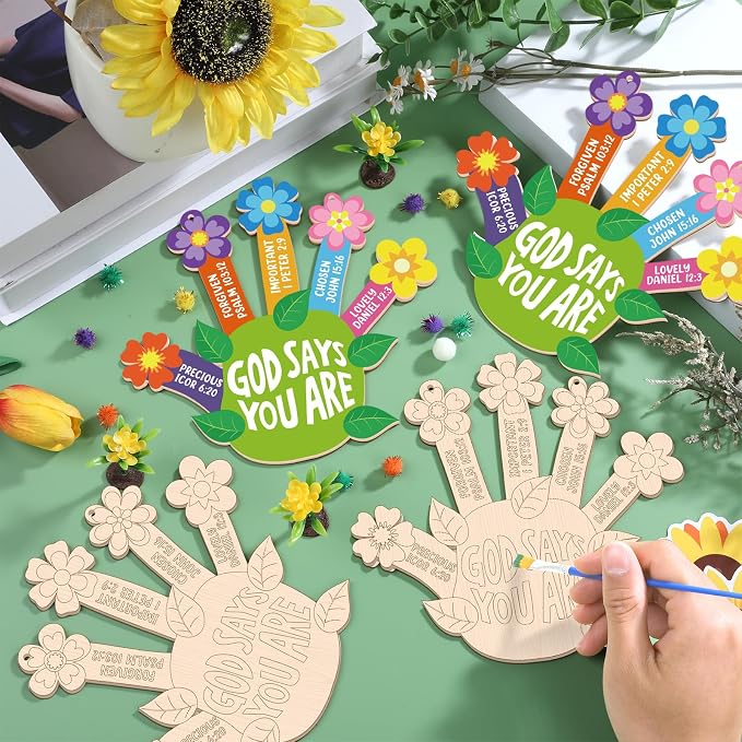 CHUNNIN 12 Set Sunday School Craft Kit 2026 VBS God Says Handprint Flower Craft Christian Wooden Pot Painting Coloring Kit DIY Activities Religious Bible Gift with String for Classroom Church Home