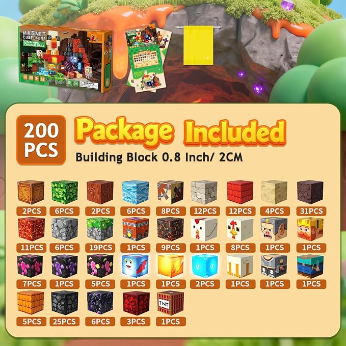 200PCS Magnetic Building Blocks Magnetic Blocks Cubes for Kids Ages 4-8 STEM Constructions Magnet Blocks Sensory Stacking Toy (Lava Grill Chicken-200pcs)
