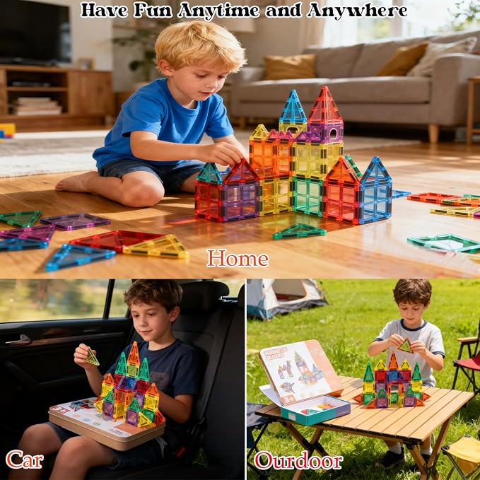36PCS Mini Travel Magnetic Tiles Set with Iron Box, Portable STEM Building Blocks for Kids Ages 3-8, Educational Construction Toy, Learning Travel Gifts for Boys & Girls