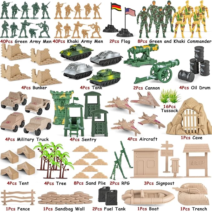 Divwa Army Men Toys for Boys 8-12, Military Soldier Army Base 160 Pcs Set Including WW2 Khaki Green Plastic and Accessories with Handbag for Kid