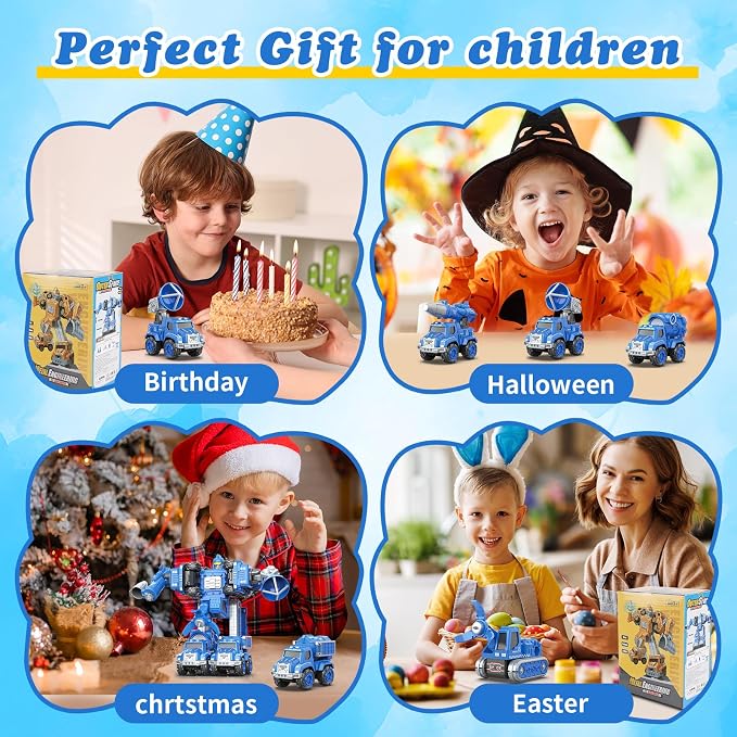 Toys for 3 4 5 6 Year Old Boys– 5-in-1 Detachable Construction Vehicles Set–Transform Robot Kids Toys Cars– Easy DIY Toys for Ages 5+ – Gifts for Boys Girls Birthday Christmas Easter
