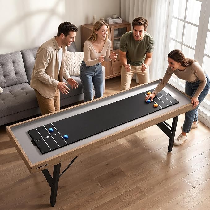 VEVOR 7ft 9ft 12ft Shuffleboard Table 2 in 1 Shuffleboard and Bowling Combo Set, Shuffle Board with Scratch-Resistant Playfield, Pucks, Bowling Set, Wax, Brush for Family Game Rooms
