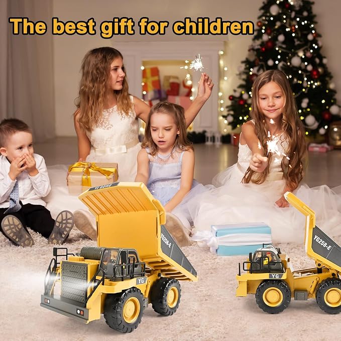 KidsFaves Remote Control Dump Truck Toys 9 Channel 2 Batteries RC Construction Toy Vehicles with Metal Bed Lights/Sounds, Birthday Gifts for Boys Age 3+
