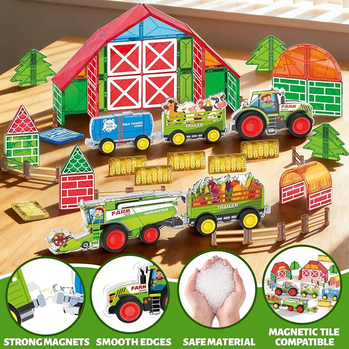 3D Magnet Farm Tractor Toy for Magnetic Tiles & Blocks, 5pcs STEM Educational Learning Toys Inc Combine Harvester Tractors Farm Animal Trailer, Farming magnet tiles toys for kids 3+ year old