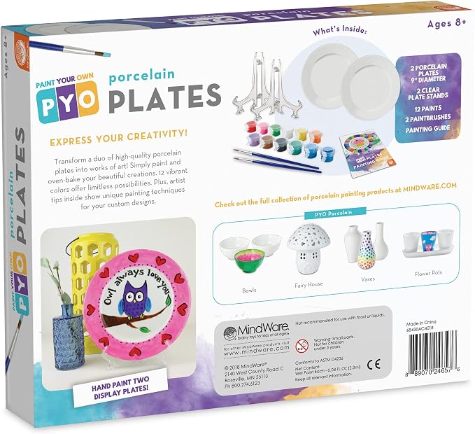 MindWare Paint Your Own Porcelain Plates - Kit Includes 2 Porcelain Plates, 12 Paints, 2 Paint Brushes, and 2 Stands