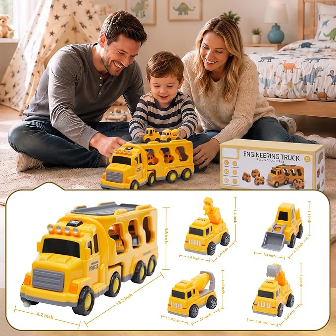 JoyRapt 5 in 1 Construction Truck Toys for Toddlers 3-5, Carrier Transport Trucks 4 Pack Small Pull Back Construction Vehicles Friction Power Cars, Christmas Birthday Gift Toys for Boys Girls.