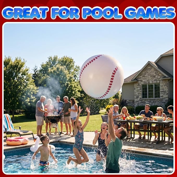 24-Inch Giant Beach Balls - (3-Pack) Inflatable Baseball Beach Balls - Extra Large Blow Up Pool Balls for Kids, Summer Pool Toys, Baseball Party Decorations & Sports Theme Decorations