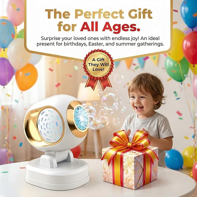 KYWYOYOU White Stage Bubble Machine for Wedding Parties, Rechargeable Maker | Automatic rotating blower with adjustable head for kids, toddlers & outdoor play. Includes 10 professional solution refills.