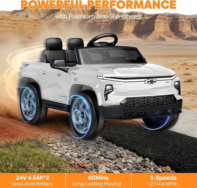 24V Licensed Chevrolet Silverado EV Electric Car for Kids, Ride on Toys for Toddlers with Remote Control, Soft Start, Wide Seat, 3 Speed, LED Lights, Music Player, Birthday Gift, White