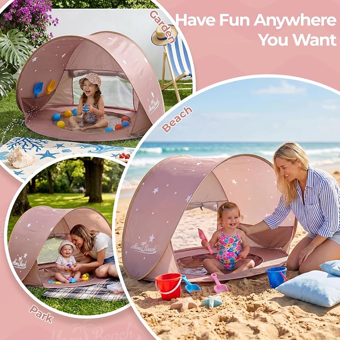 Monobeach Baby Beach Tent with Pool: Brown Stars Pop Up Sun Shade Tent for Toddler, UV Protection Portable Outdoor Shelter, Foldable Camping Canopy for Beach, Backyard & Travel