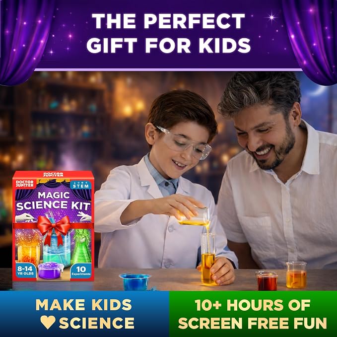 Doctor Jupiter Magic Science Kit, Chemistry Set for Kids Ages 8-10-12-14 | Birthday Gift Ideas for 8+ Boys and Girls | Toy STEM Kit with 10 Science Experiments, Magic Tricks