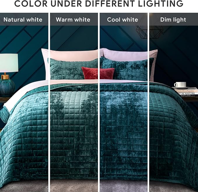 RECYCO Luxury Velvet Quilt Set King Size, Lightweight Velvet Comforter Set, Oversized Bedspread Coverlet Quilted Bedding Set, with 2 Matching Pillow Shams, for All Season, Teal