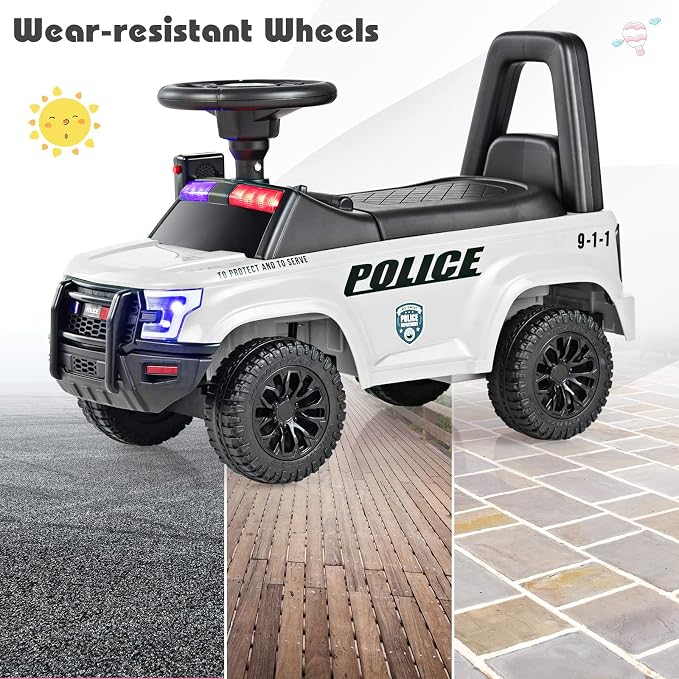 OLAKIDS Ride On Push Police Car, Toddler Foot-to-Floor Sliding Toy with Siren, Steering Wheel, Megaphone, Horn, Headlights, Under Seat Storage, Kids Racer Walking Gift for Boys Girls 1-3 (White)