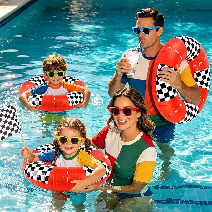 4 Pcs Racing Party Pool Floats, 24 Inch Checkered Flag Pattern Swim Ring for Kids Ages 5-8 Pool Tube, Inflatable Pool Toys for Hawaiian, Beach, Water Park Fun