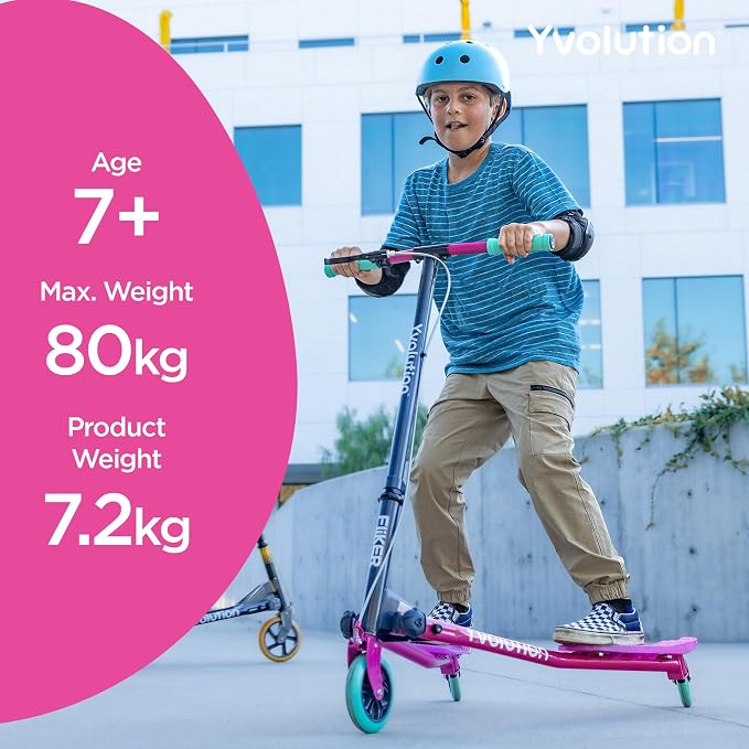 Yvolution Fliker A3 Drift Scooter, 3 Wheels Kids Wiggle Scooter, Foldable, Handbrake, Caster Wheels, for Boys and Girls Aged 7+ Years Old, Max Weight 175lbs