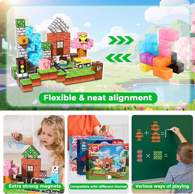 100PCS Magnetic Blocks - Magnetic Building Block for Kids Ages 3 4 5 6 7 8, Stacking Magnets for Kids, Magnet Toys, Birthday Gifts for 3-10 Year Old Boys Girls, STEM Learning Toy