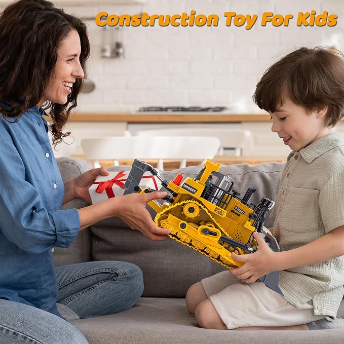 Samtop Rc Bulldozer Toys - Remote Control Bulldozer Construction Vehicles Trucks for Boys Kids Age 6 7 8-12 - Metal RC Electric Tractor Loader Toys with Light and Sound - 3-5 Birthday