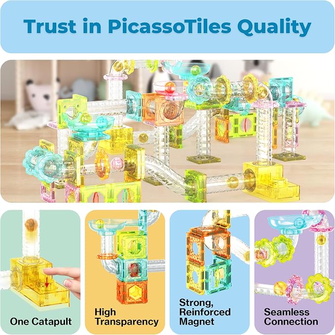 PicassoTiles Magnet Tile Building Block 80pc Marble Run Race Track Travel Size Pretend Play Toy With Launcher Lifter STEM Education Learning Magnetic Tiles Construction Kit School Boys Girls 3+ PTMG80