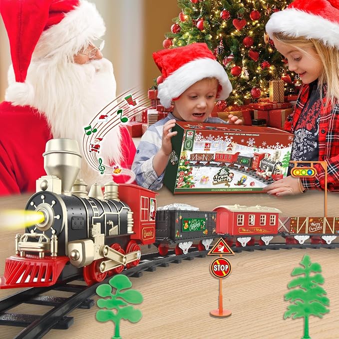 JQ JUQU Electric Train Set for Kids Ages 4-8 with Lights and Music - 20-Piece Toy Train and Tracks Set for Children, Compatible for Christmas Tree and Year-Round Play