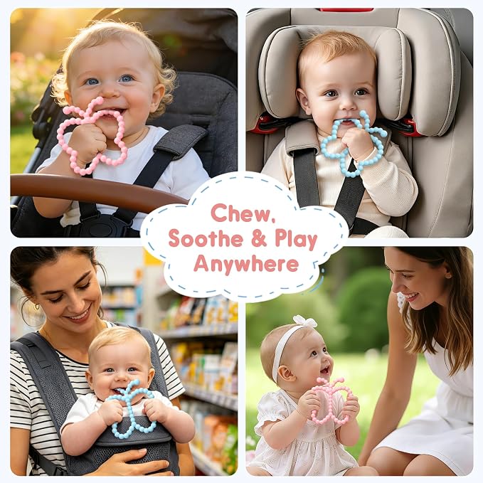 2 Pack Butterfly Teething Toys for Babies 3-6 6-12 Months, BPA Free Silicone Baby Teether Toys for Teething Relief, Easy-Grip Double Ring Infant Newborn Chew Toys for Sucking Needs