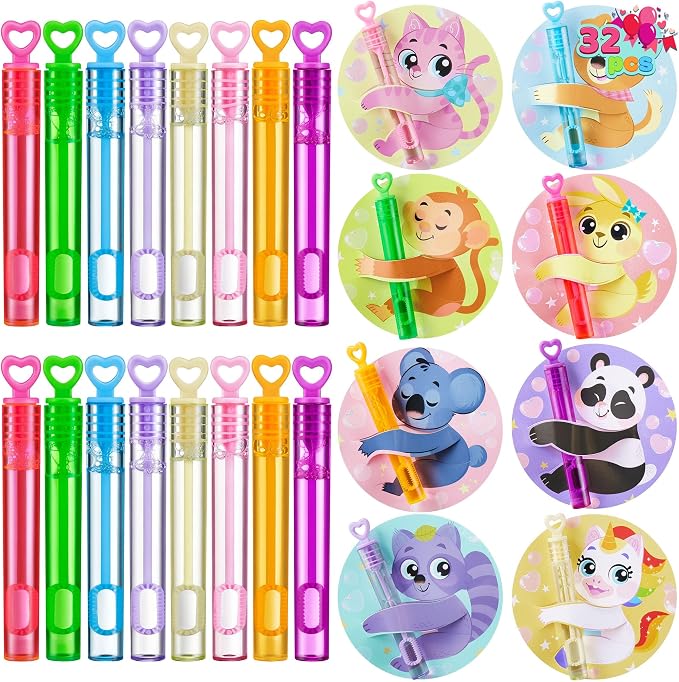 JOYIN 32 Pcs Valentine's Day Gift Cards with Mini Bubble Wands for Kids, Bubble Wands with Animal Themed Cards, Valentine's Day Gifts for Kids Classroom Prize Treats Party Favor Goodie Bag Stuffers