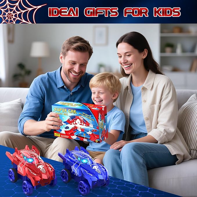 Spider Toys for Boys 4-6, Spider Race Track with 5 Cool Spider Cars Toys for Kids Boys Toddler, Flexible Car Tracks for Age 3 4 5 6 7 8 Year & Up Old Boy Girls Birthday Gifts